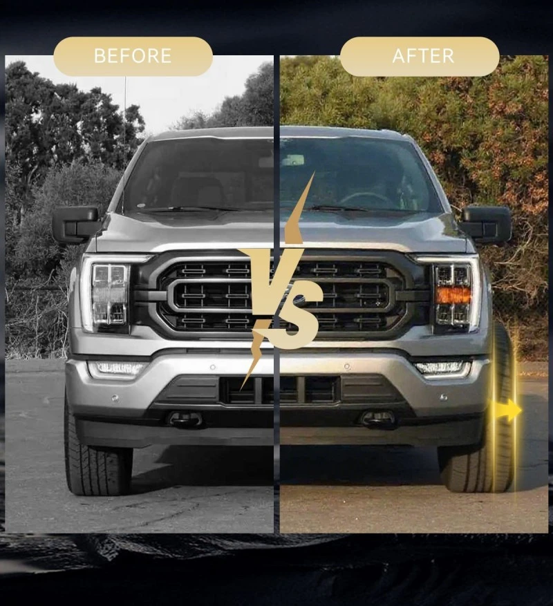 Before-and-after comparison of the installed Ford Wheel Spacers Adapter
